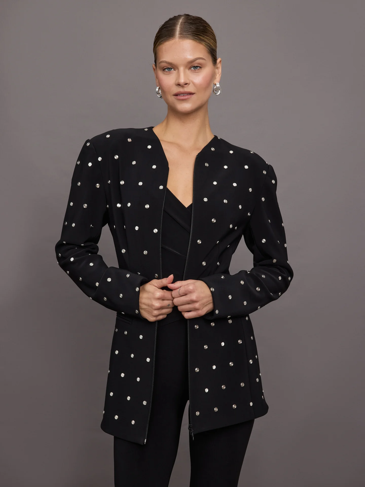 LS Shoulder Pad V Neck Zip Front Jacket - Black All Over Studs