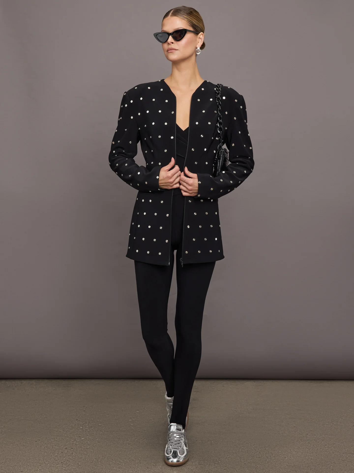 LS Shoulder Pad V Neck Zip Front Jacket - Black All Over Studs - Image 2