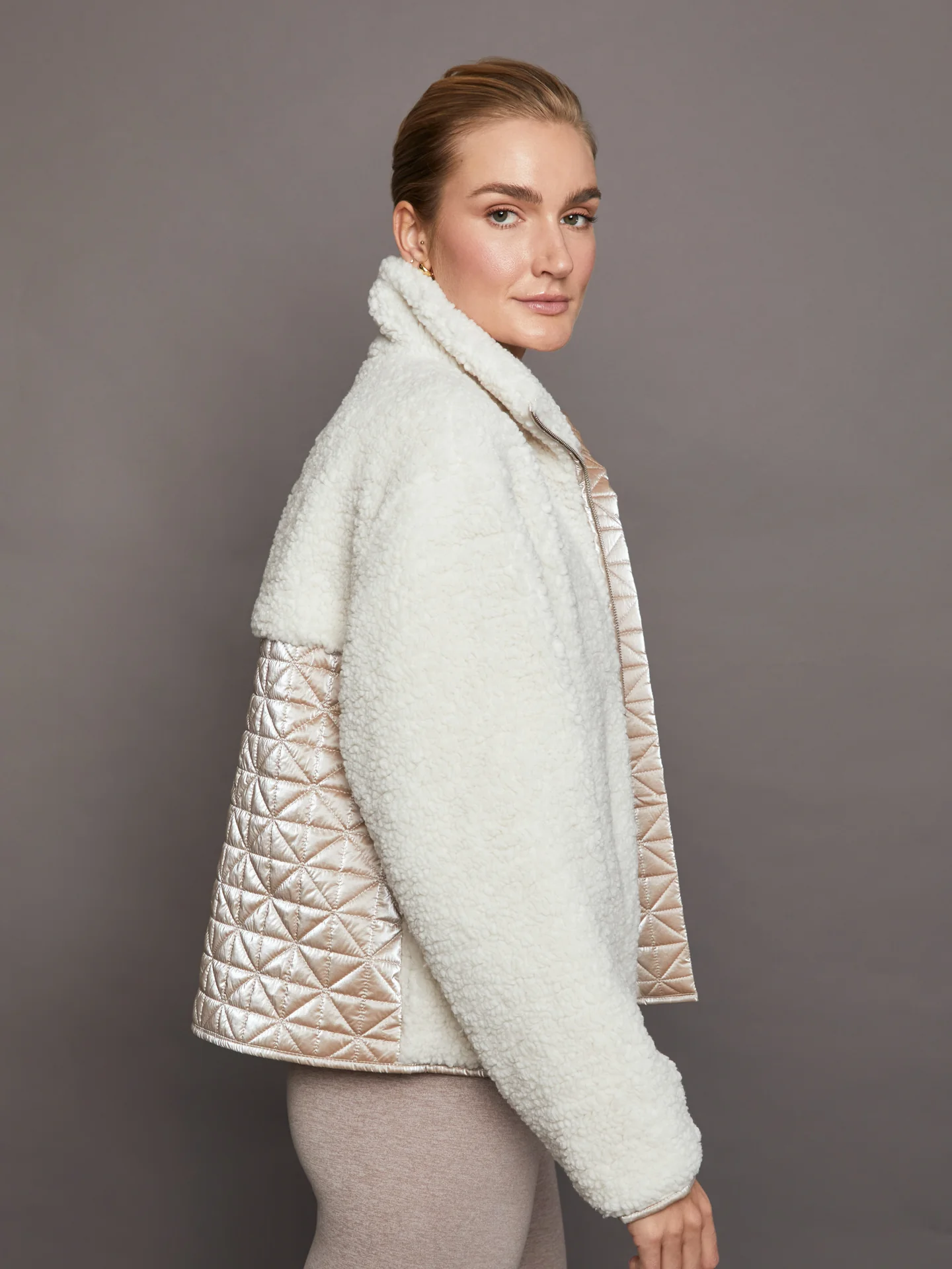 Metallic Sherpa Jacket - Oatmeal with Rose Gold Foil - Image 3