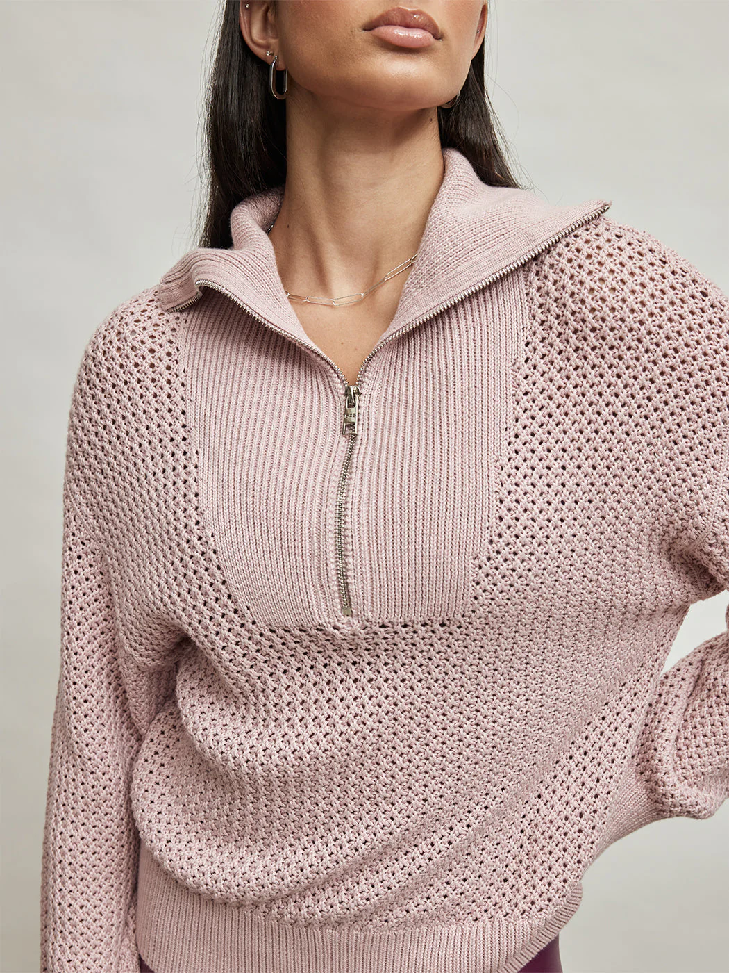 Mix Stitch Half Zip - Rose Pink - Image 3