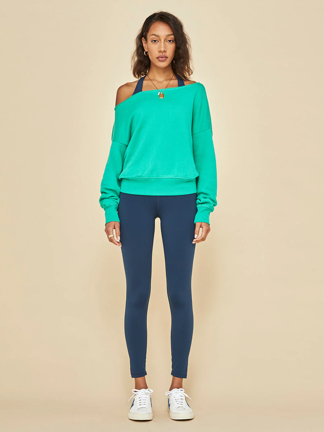 Off Shoulder Sweatshirt in French Terry - Digital Green - Image 2