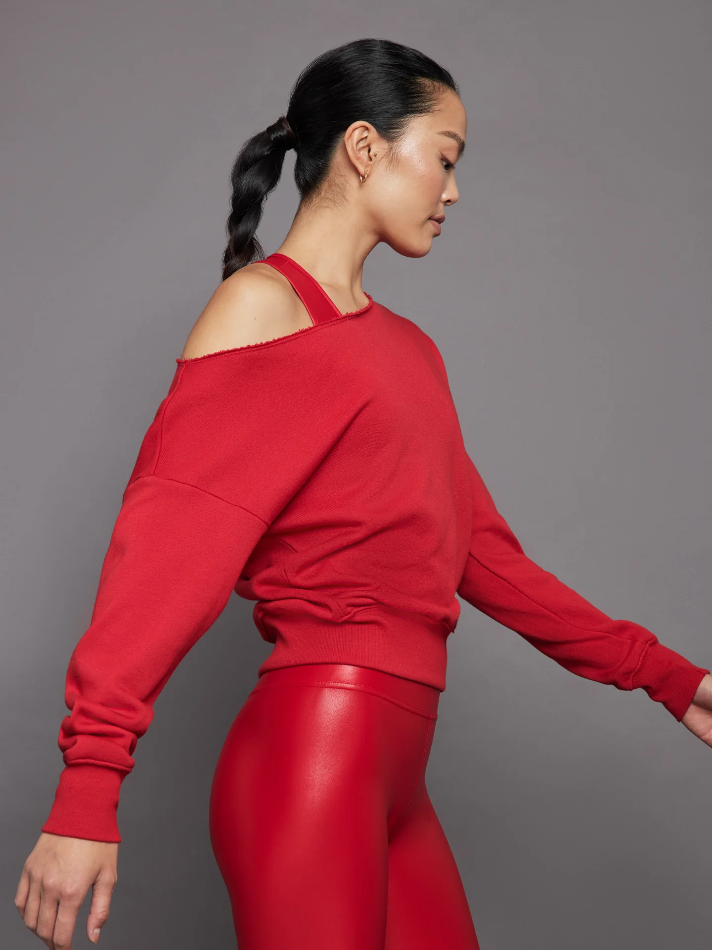 Off Shoulder Sweatshirt in French Terry - Haute Red - Image 2