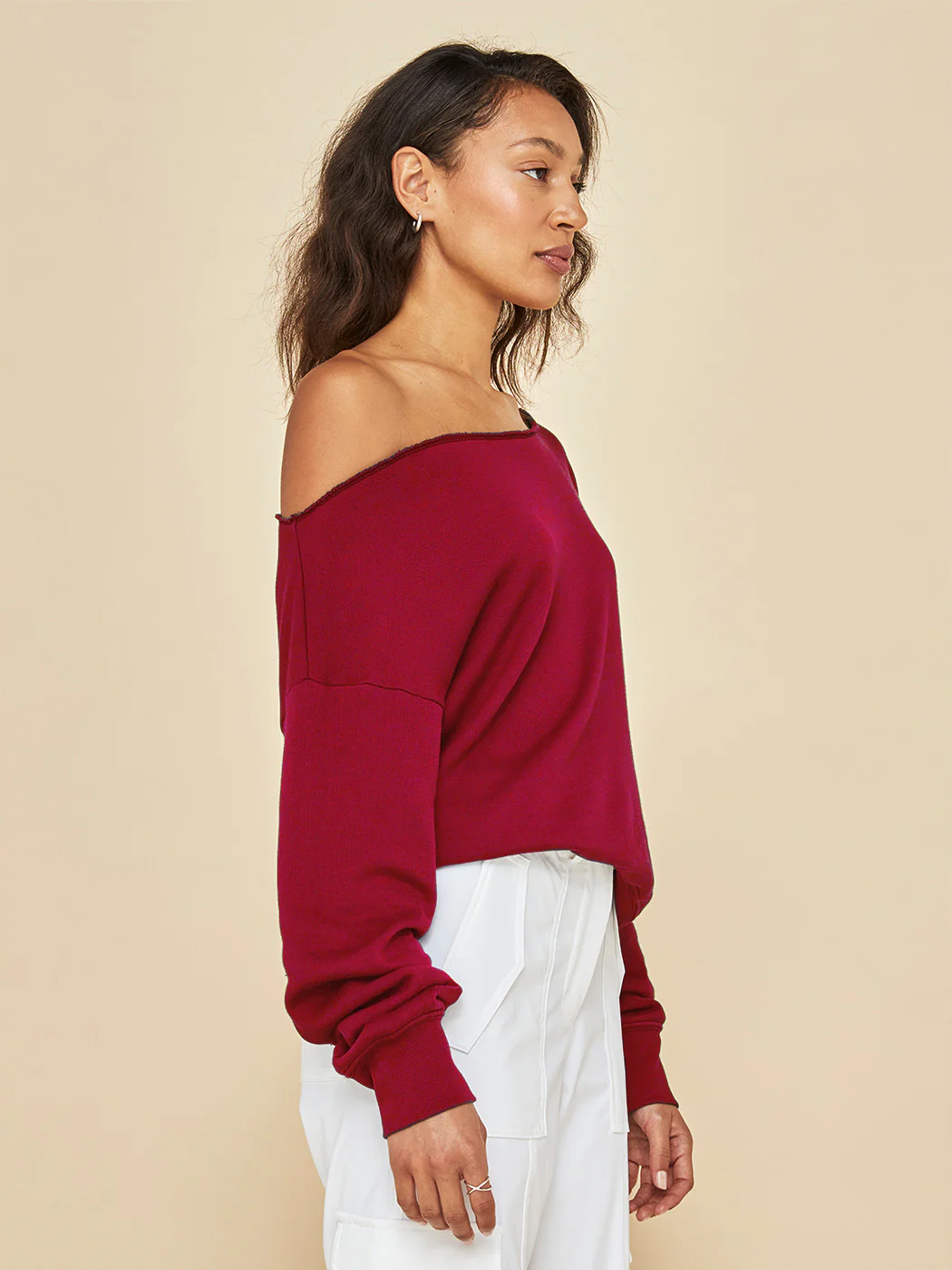 Off Shoulder Sweatshirt in French Terry - Haute Red - Image 4