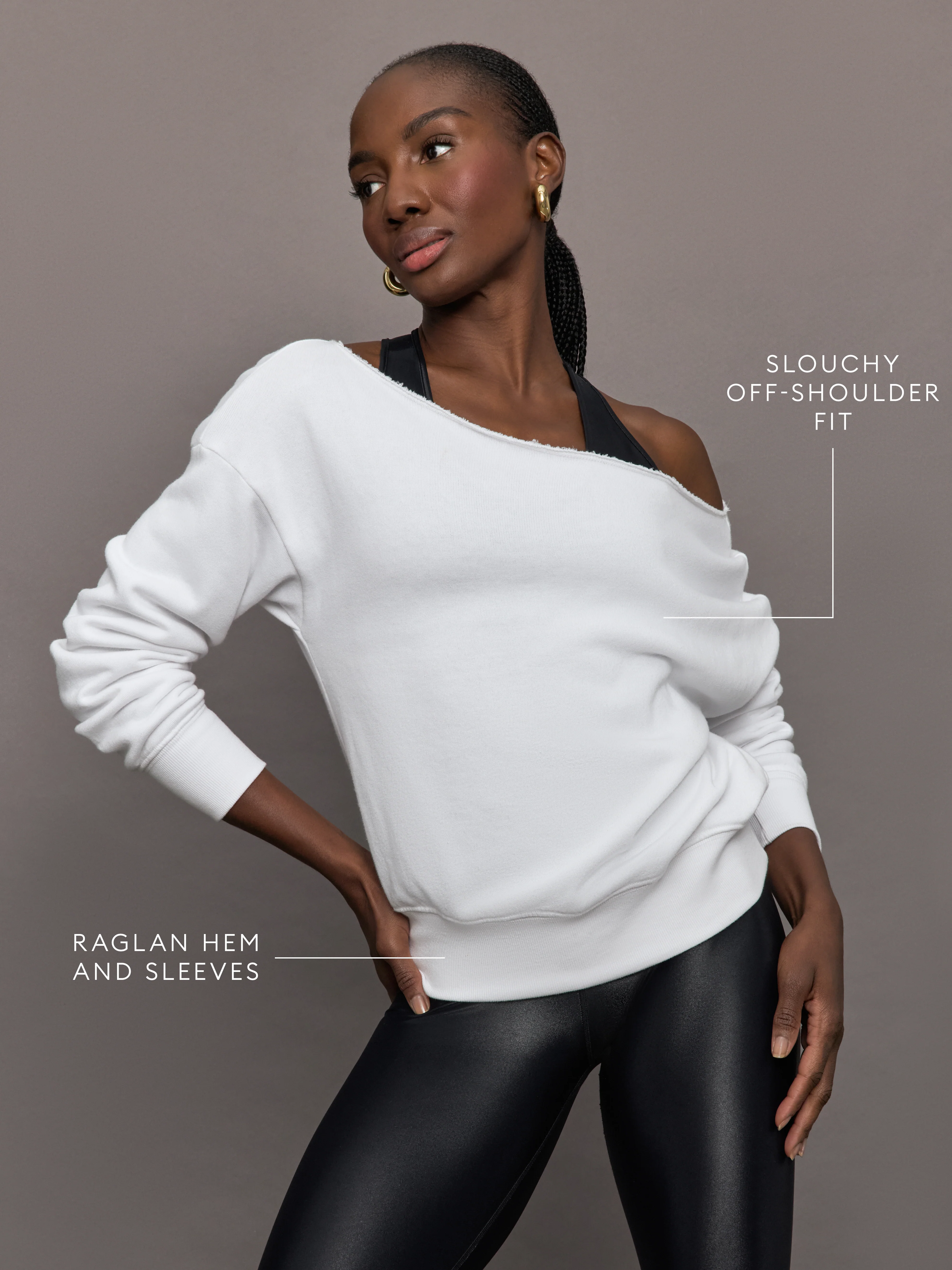 Off Shoulder Sweatshirt in French Terry - White - Image 3