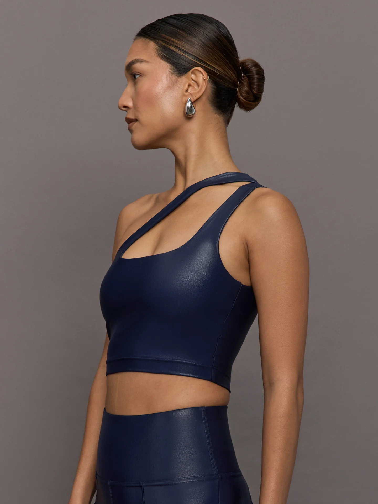 One Shoulder Bra Top in Takara Shine - Navy Blazer - Image 3