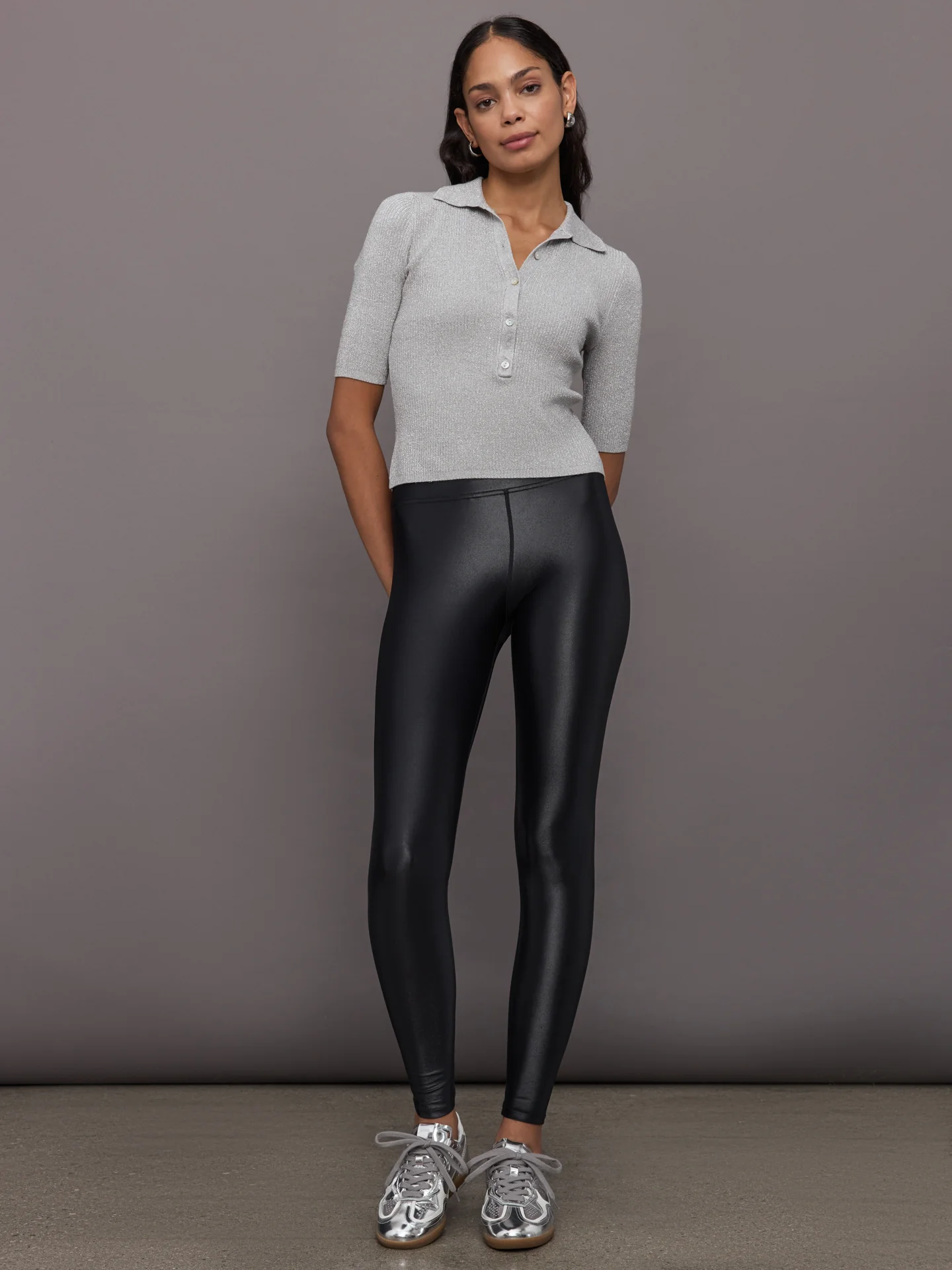 Ophelia Lurex Johnny Collar Top - Glacier Grey - Image 6