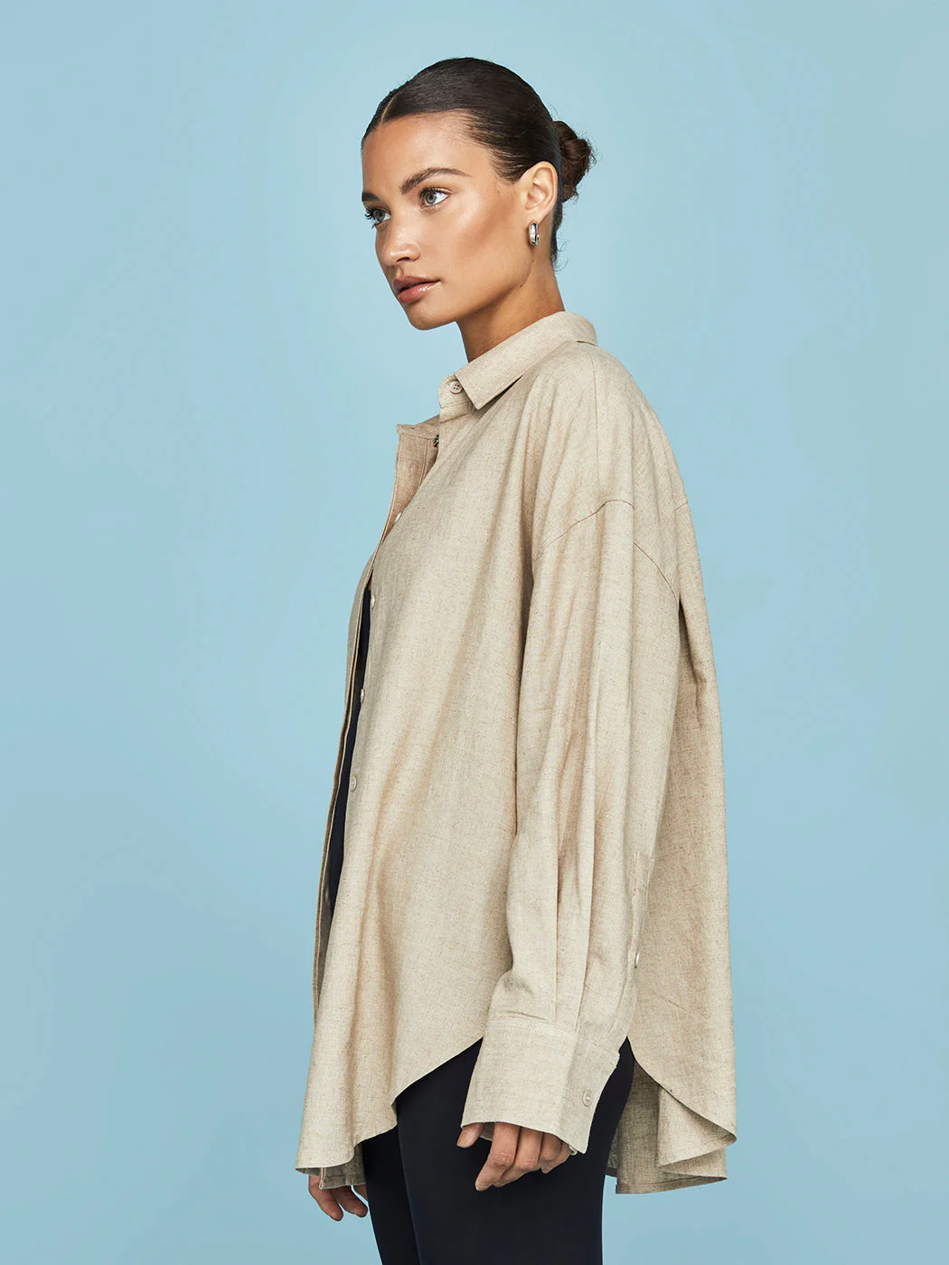 Linen Oversized Button Up Shirt - Tan - Image 2