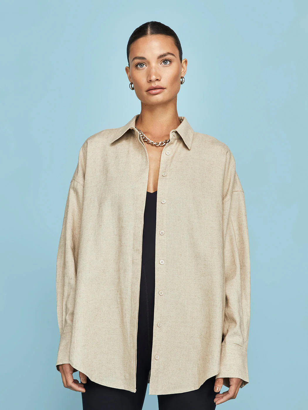 Linen Oversized Button Up Shirt - Tan - Image 3