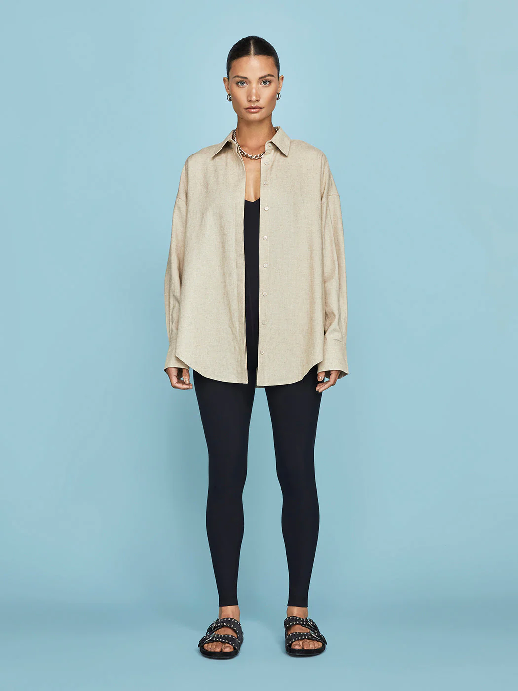 Linen Oversized Button Up Shirt - Tan - Image 4
