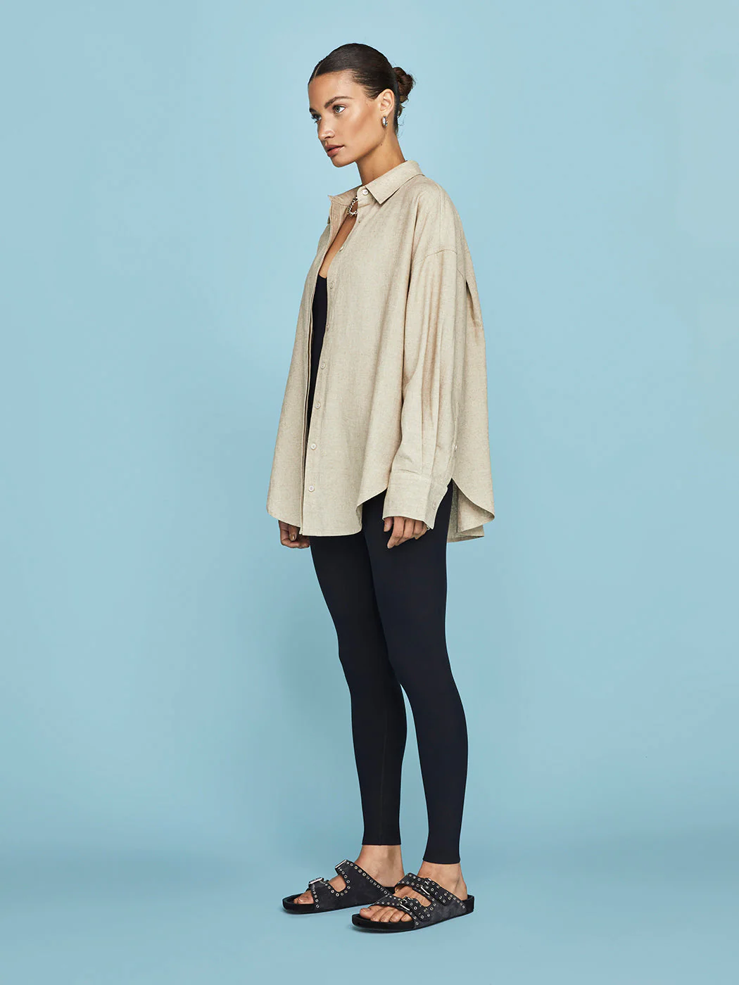 Linen Oversized Button Up Shirt - Tan - Image 5