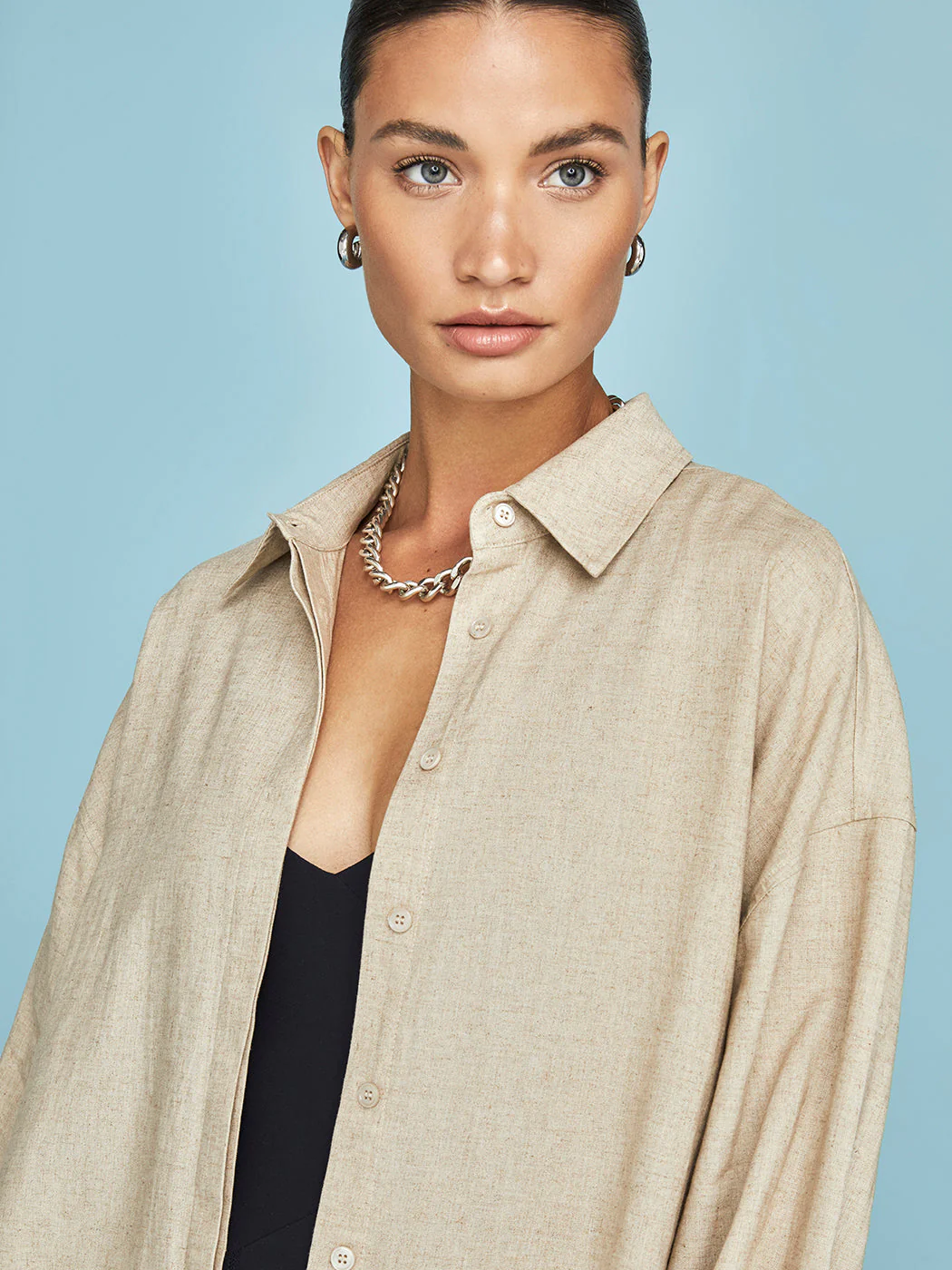 Linen Oversized Button Up Shirt - Tan - Image 7