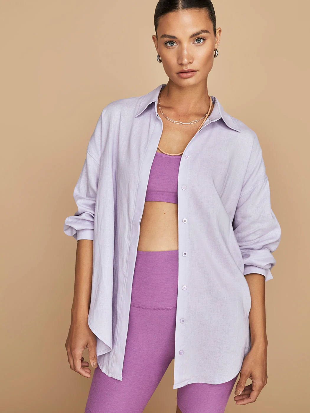 Linen Oversized Button Up Shirt - Lavender