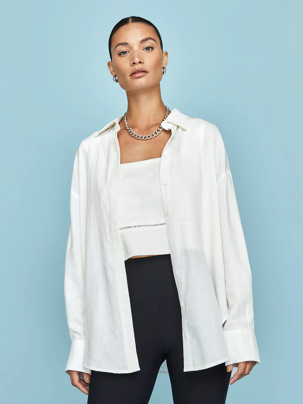 Linen Oversized Button Up Shirt - Cream - Image 7