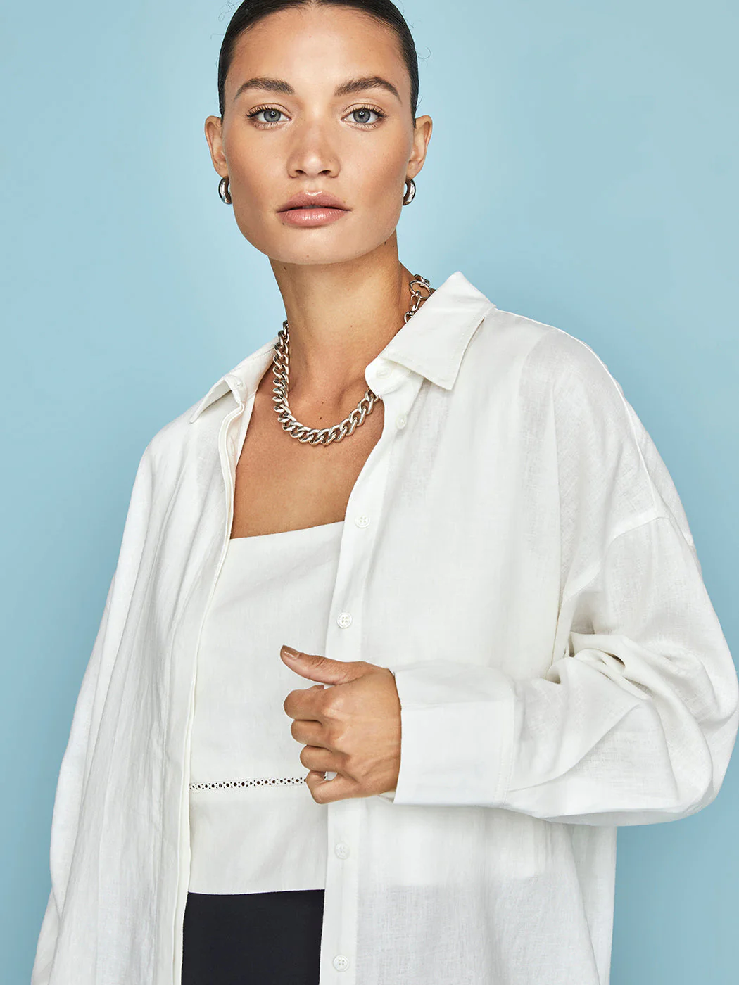 Linen Oversized Button Up Shirt - Cream - Image 8