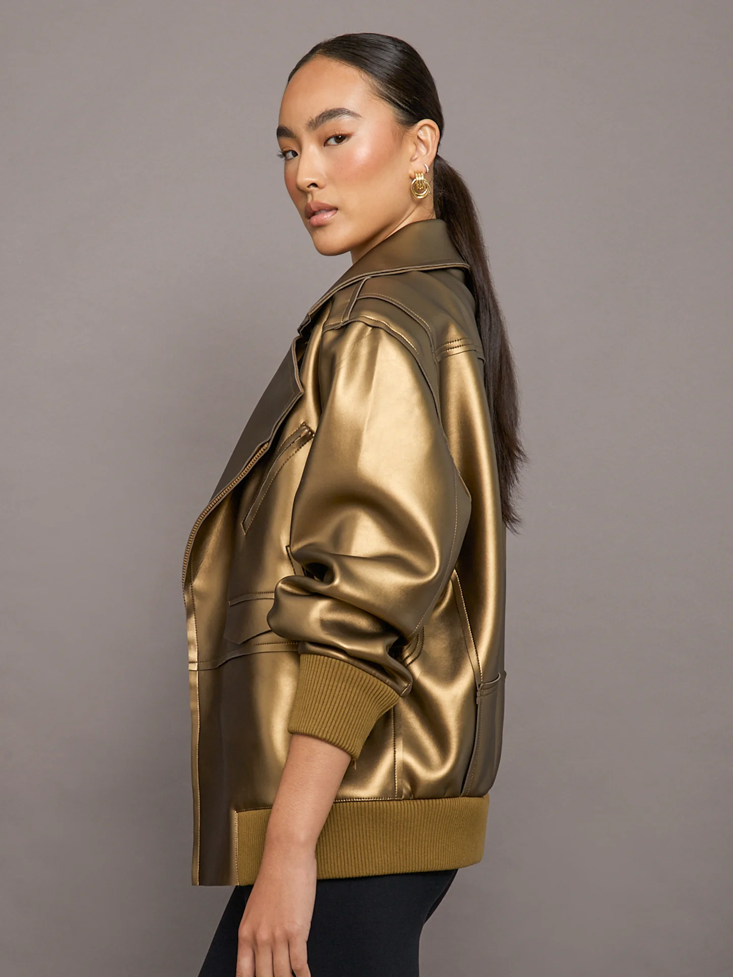 Oversized Moto Jacket - Metallic Bronze - Image 4
