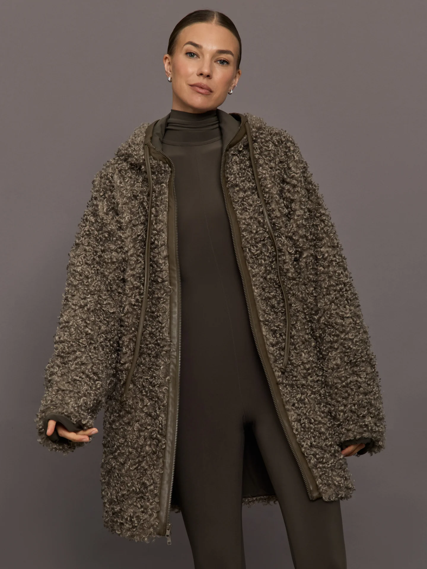 Oversized Raglan Sleeve Zip Front Hooded Jacket - Bark