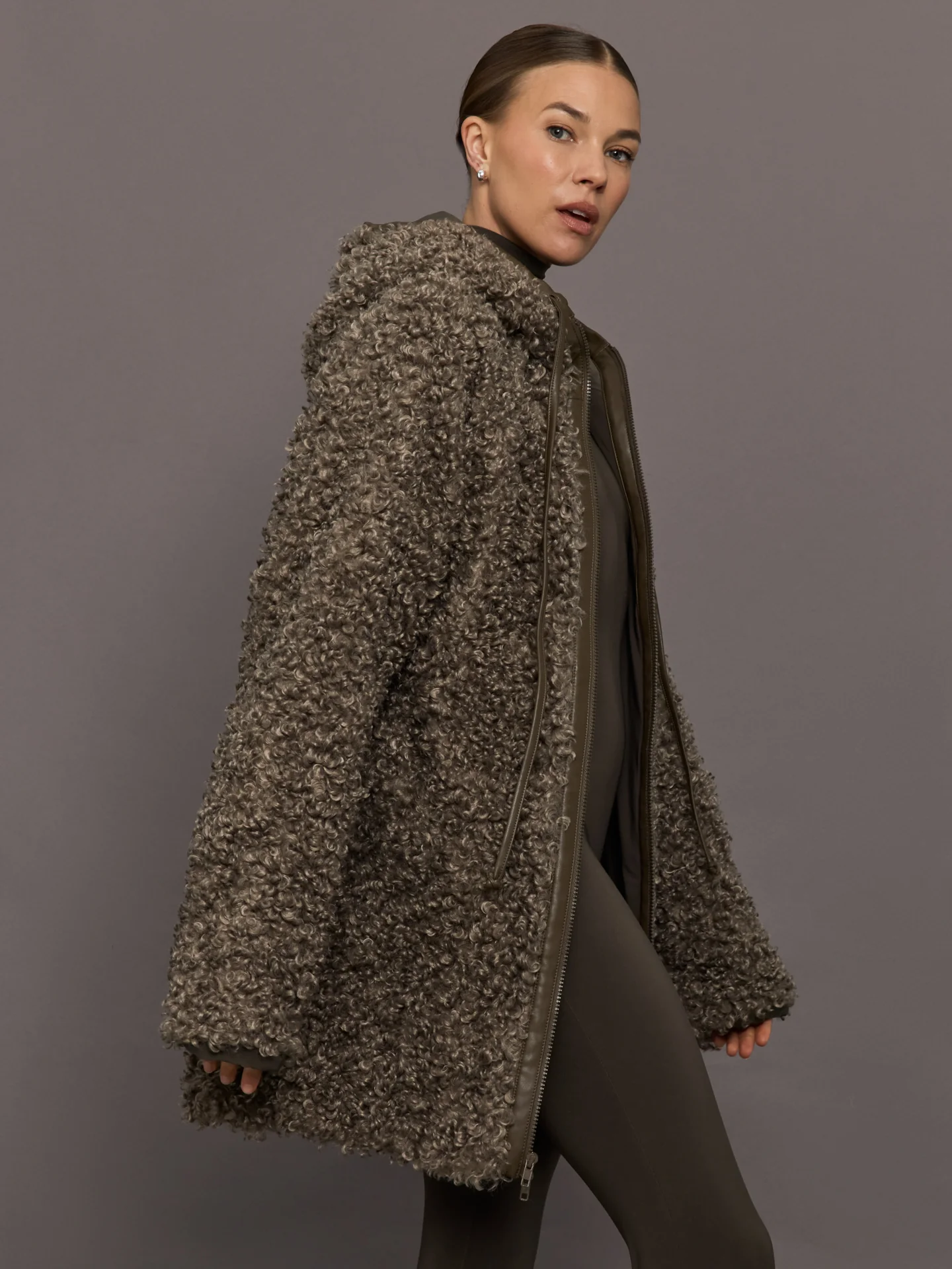 Oversized Raglan Sleeve Zip Front Hooded Jacket - Bark - Image 4