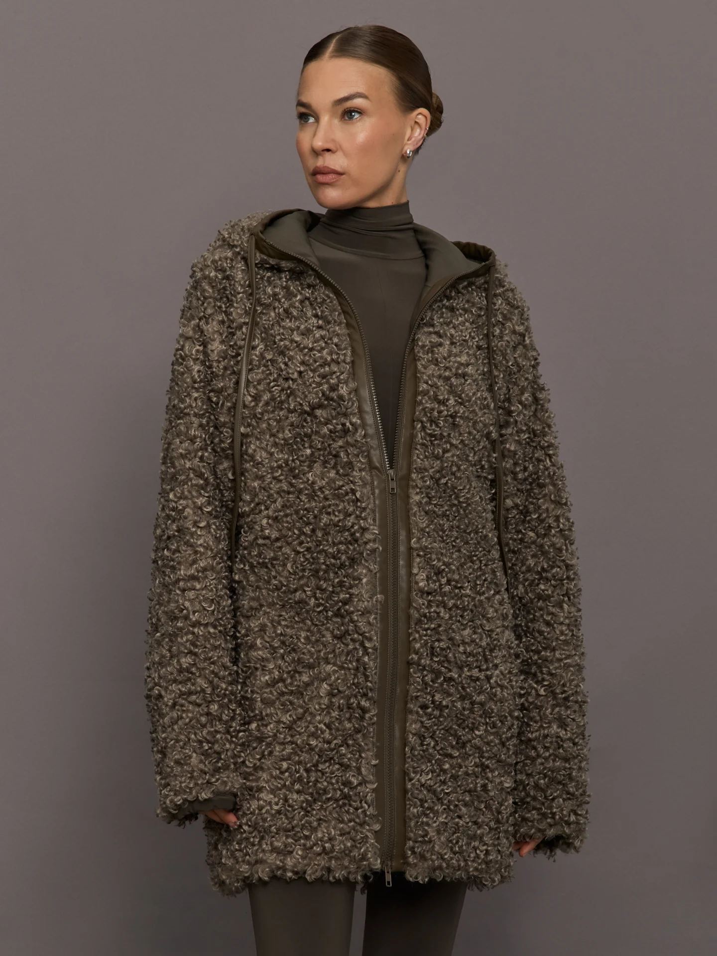 Oversized Raglan Sleeve Zip Front Hooded Jacket - Bark - Image 6
