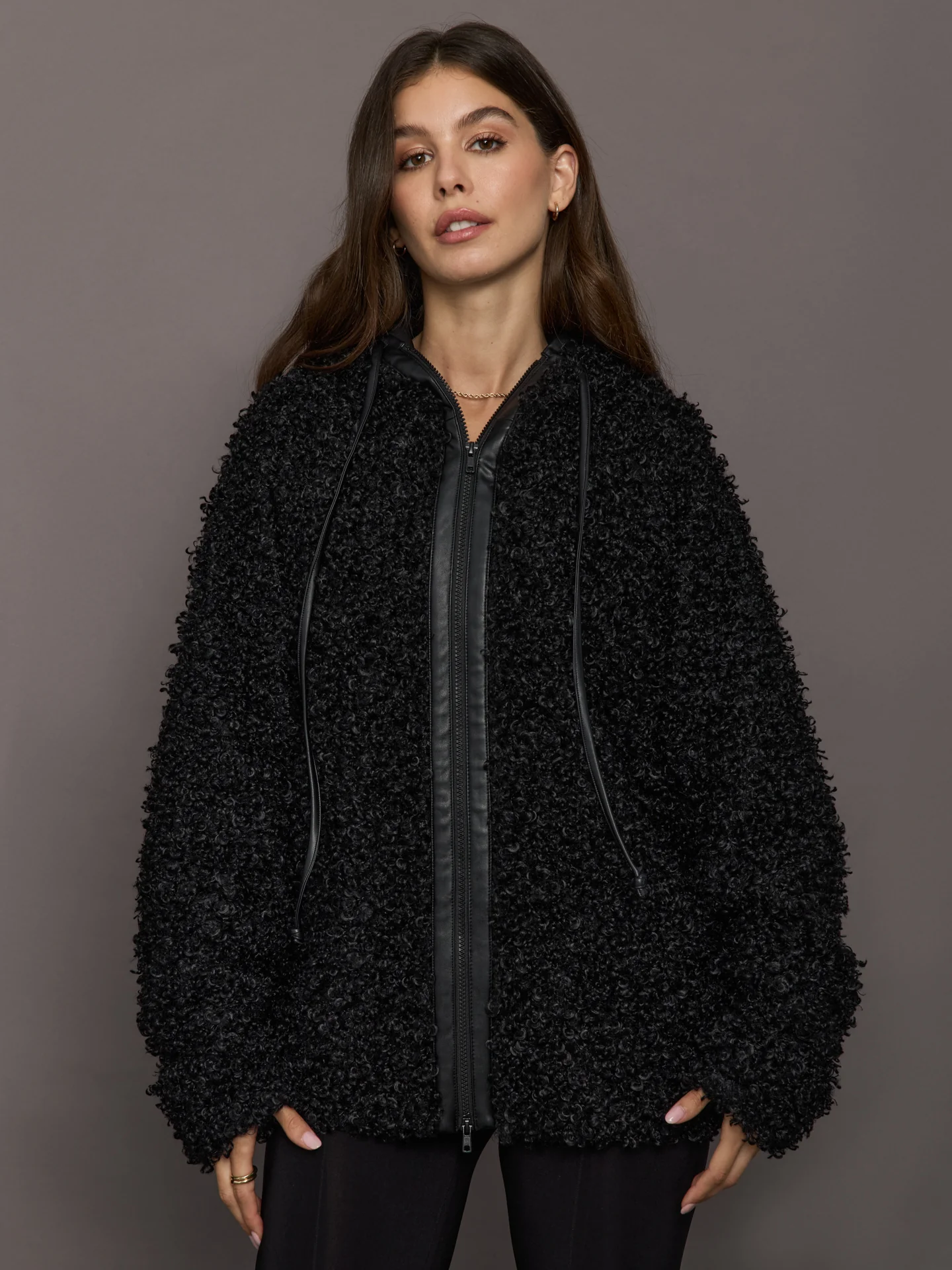 Oversized Raglan Sleeve Zip Front Hooded Jacket - Black