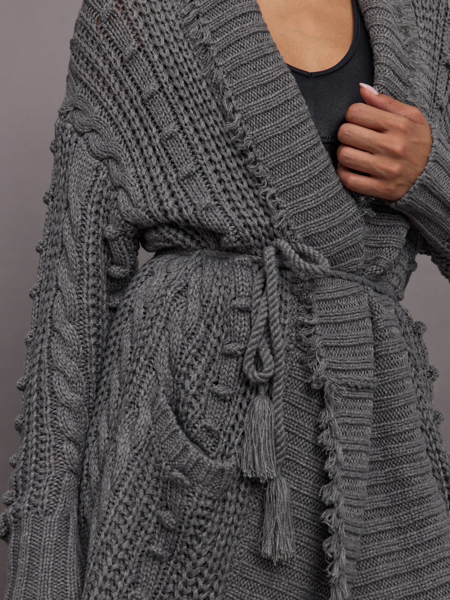 Penelope Cable Sweater Coat - Pewter Heather - Image 5