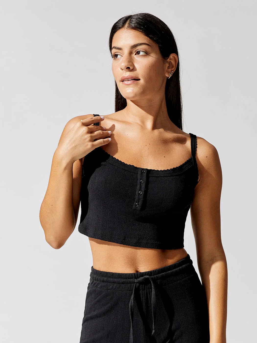 Pointelle Crop Button Scoop Neck Tank - Black