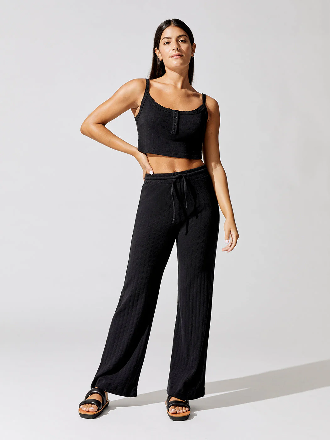Pointelle Crop Button Scoop Neck Tank - Black - Image 2