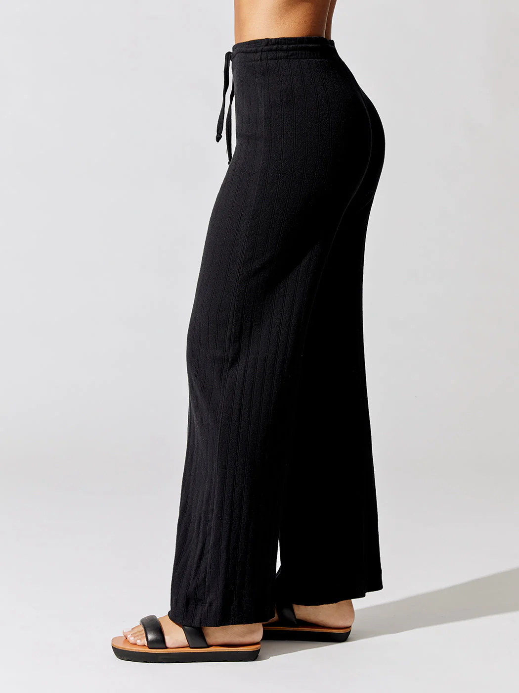 Pointelle Drawstring Wide Leg Pant - Black - Image 4