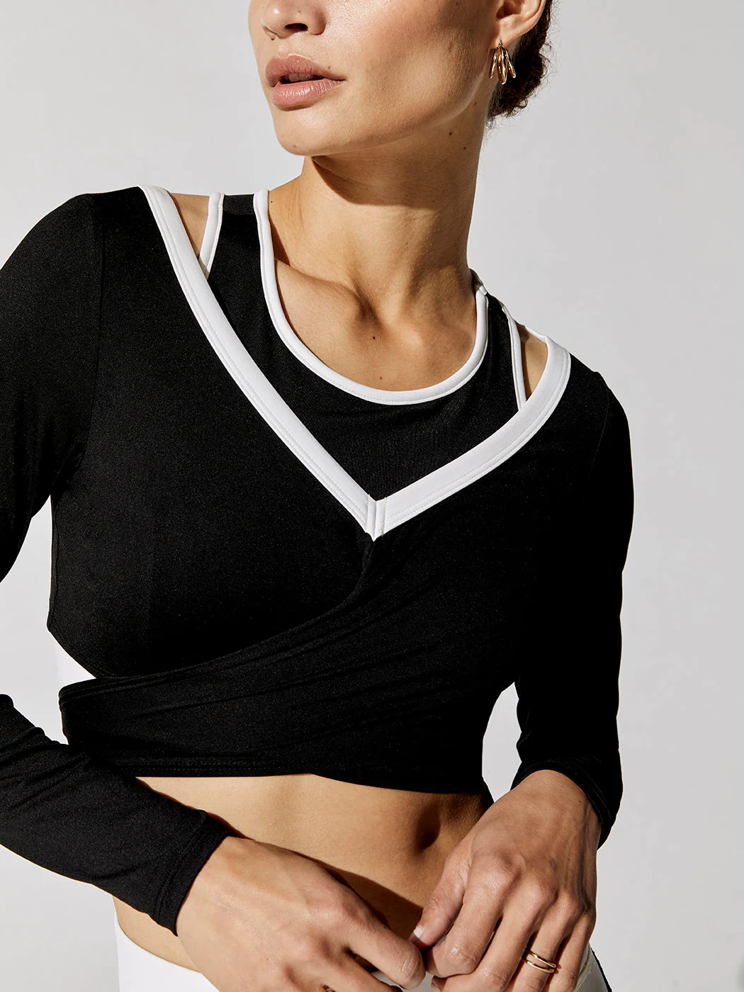Ray Long Sleeve Wrap Top - Black/Ivory - Image 4