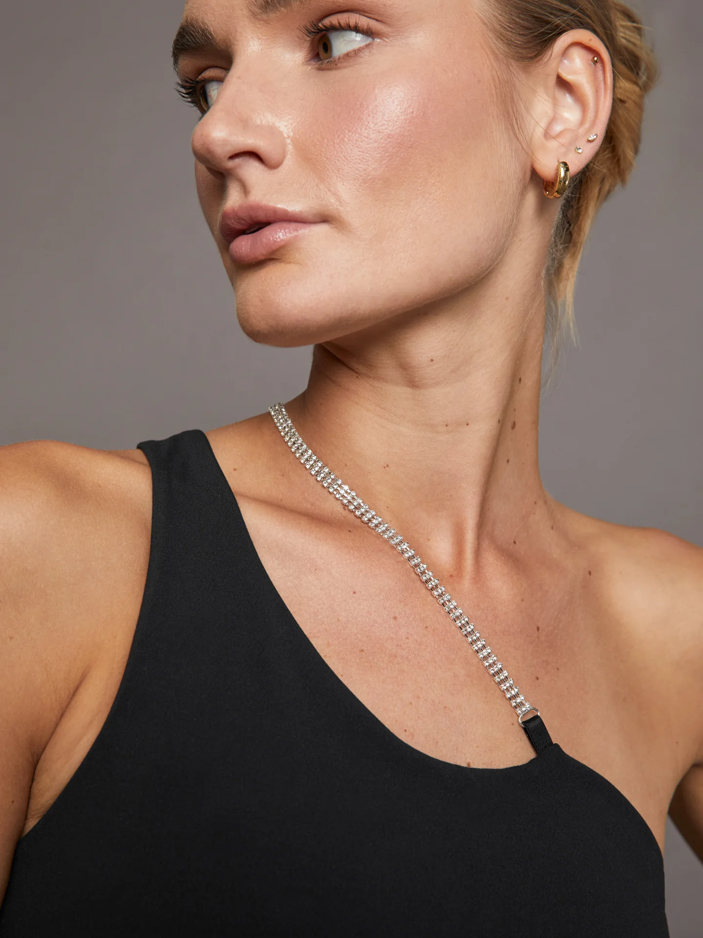 Rhinestone One Shoulder Tank - Black - Image 4