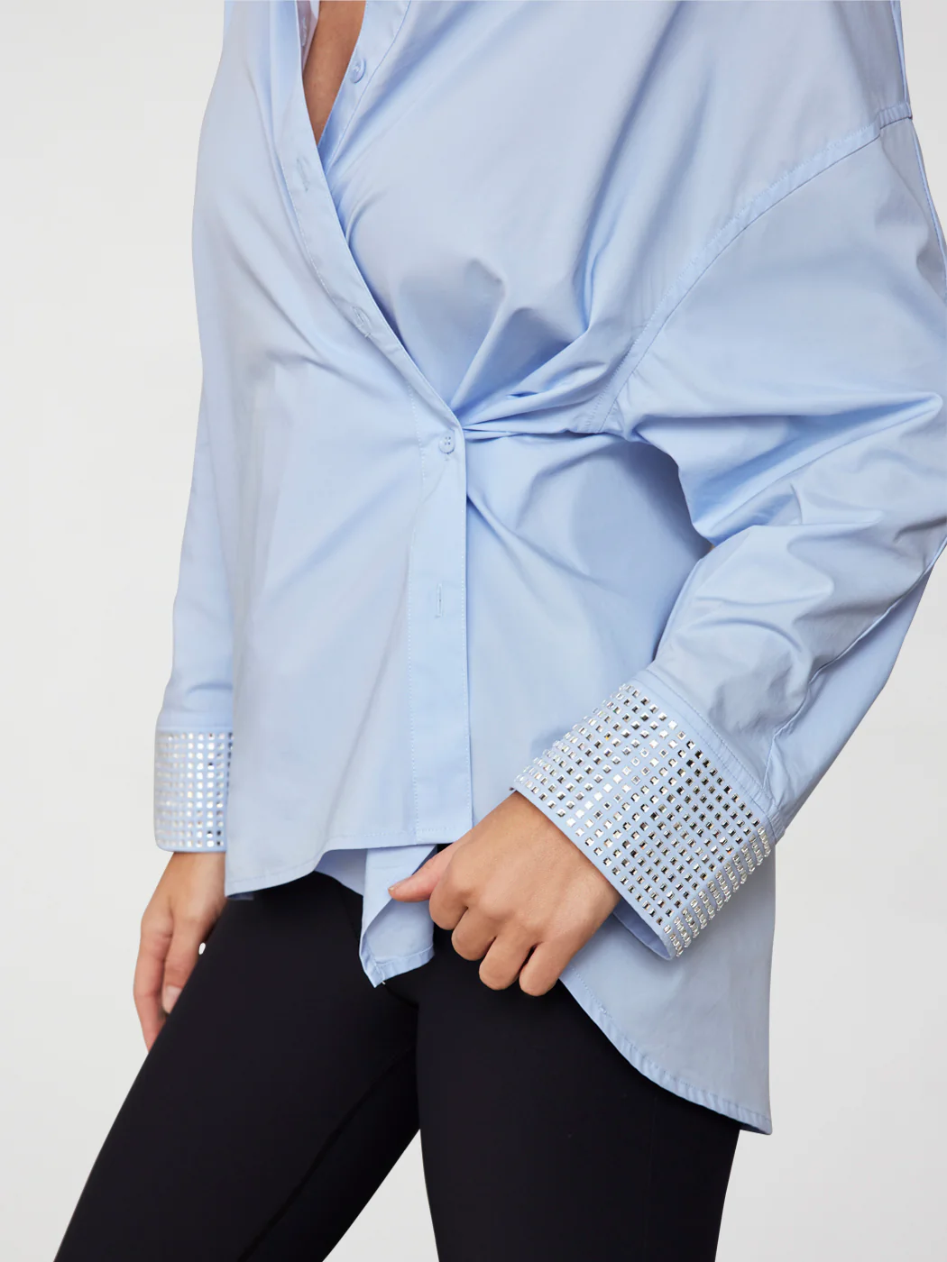 RHINESTONE OVERSIZED BUTTON UP SHIRT - Blue with Silver Rhinestones - Image 4
