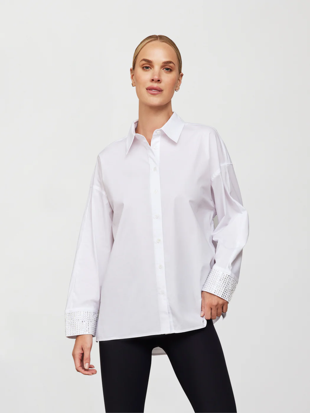 RHINESTONE OVERSIZED BUTTON UP SHIRT - White w/ Silver Rhinestones - Image 2