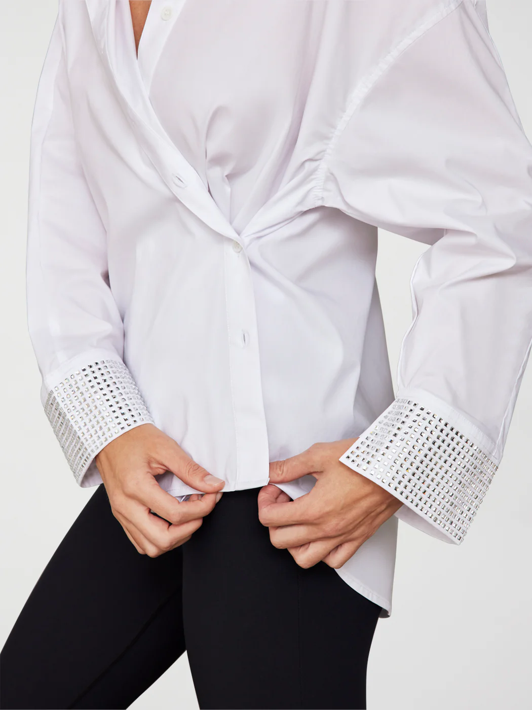 RHINESTONE OVERSIZED BUTTON UP SHIRT - White w/ Silver Rhinestones - Image 4