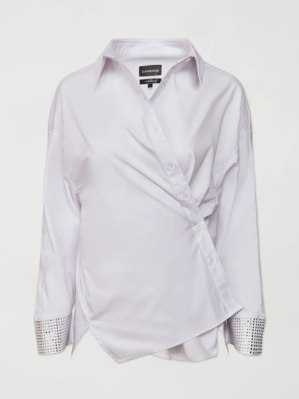 RHINESTONE OVERSIZED BUTTON UP SHIRT - White w/ Silver Rhinestones - Image 5