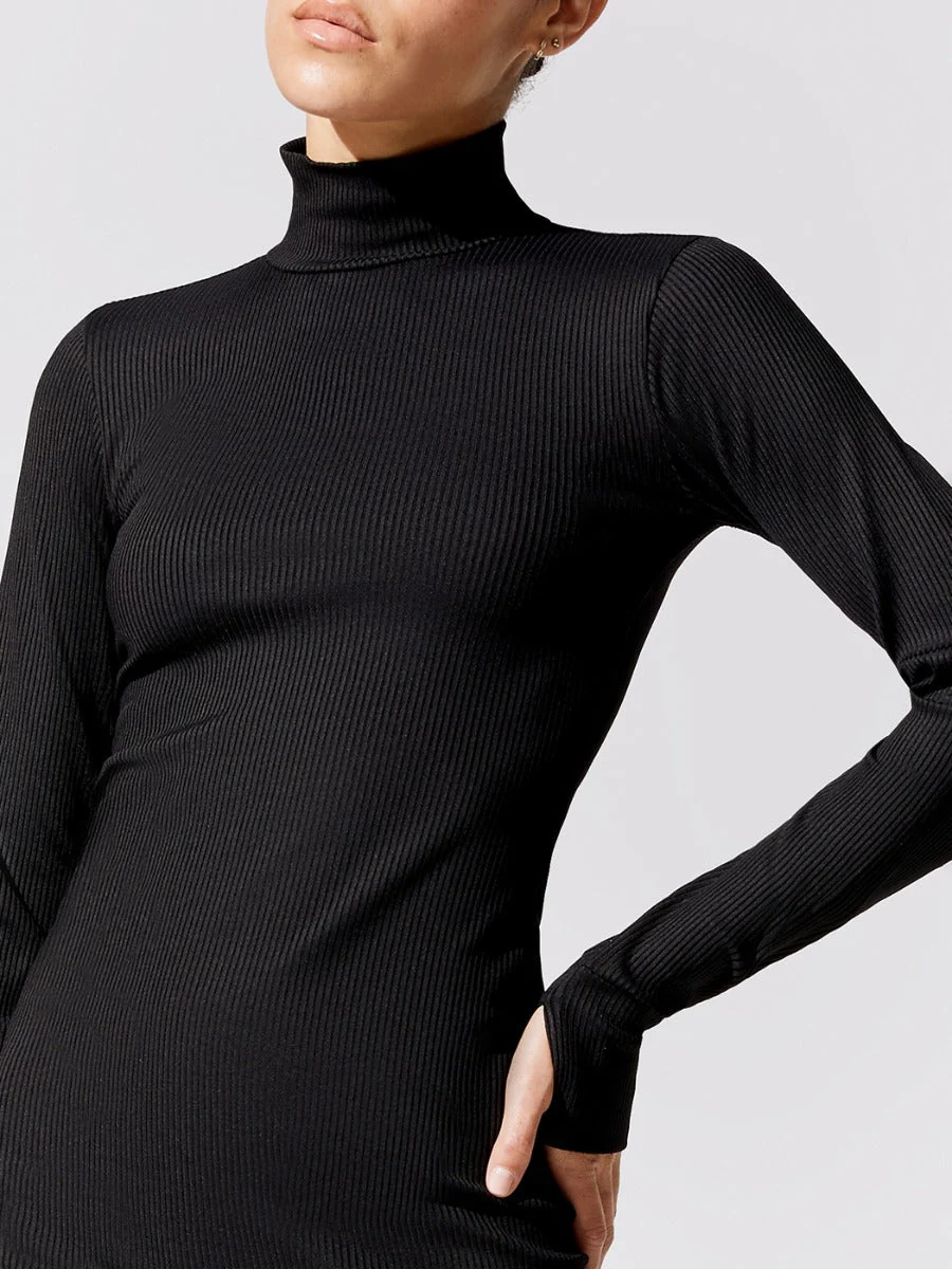 Ribbed Long Sleeve Dress - Black - Image 4