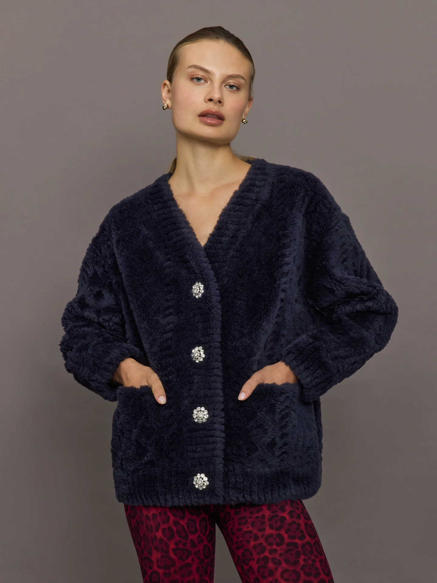 Sheared Sherpa Cardigan with Jewel Buttons - Navy