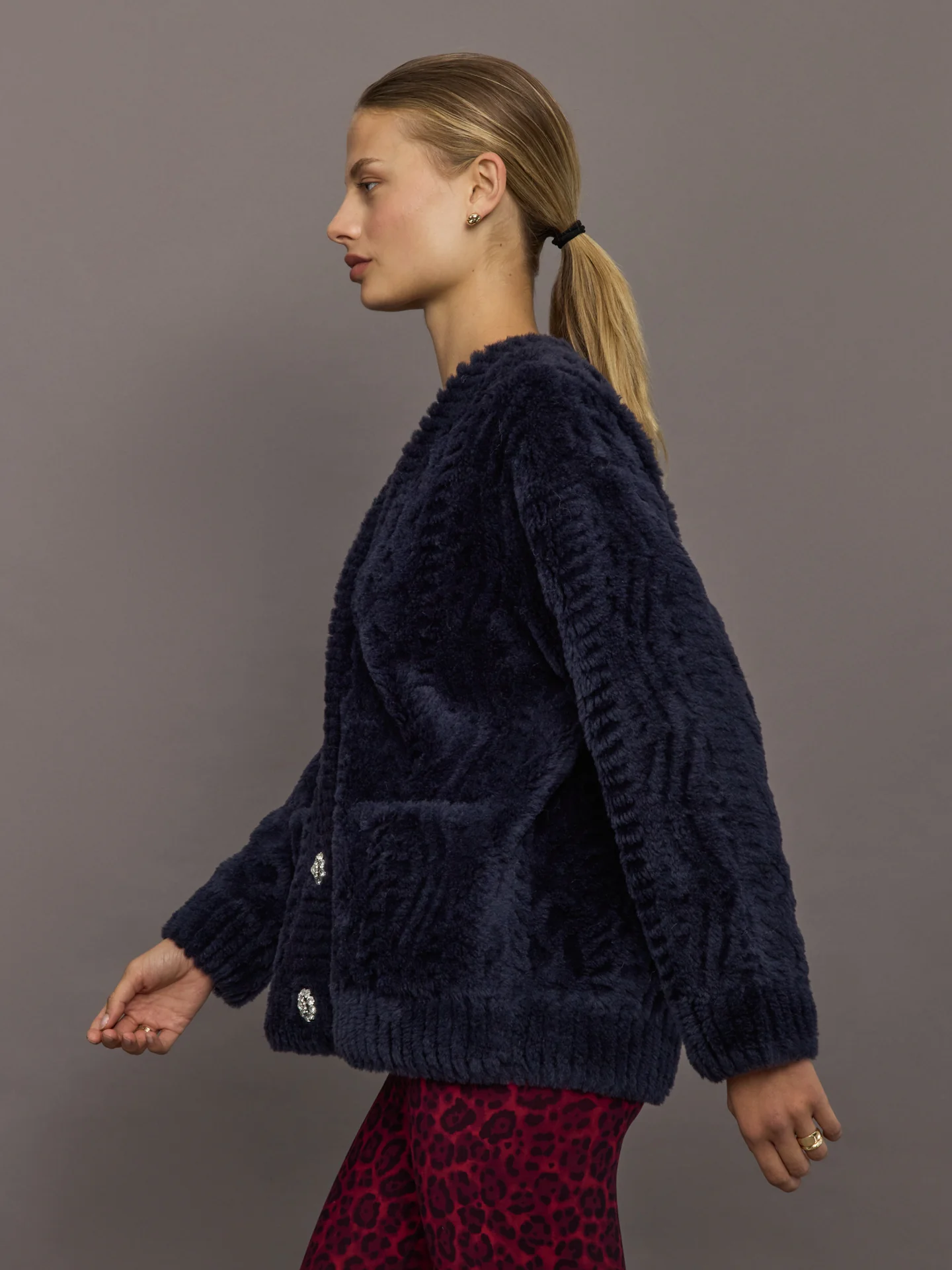Sheared Sherpa Cardigan with Jewel Buttons - Navy - Image 3