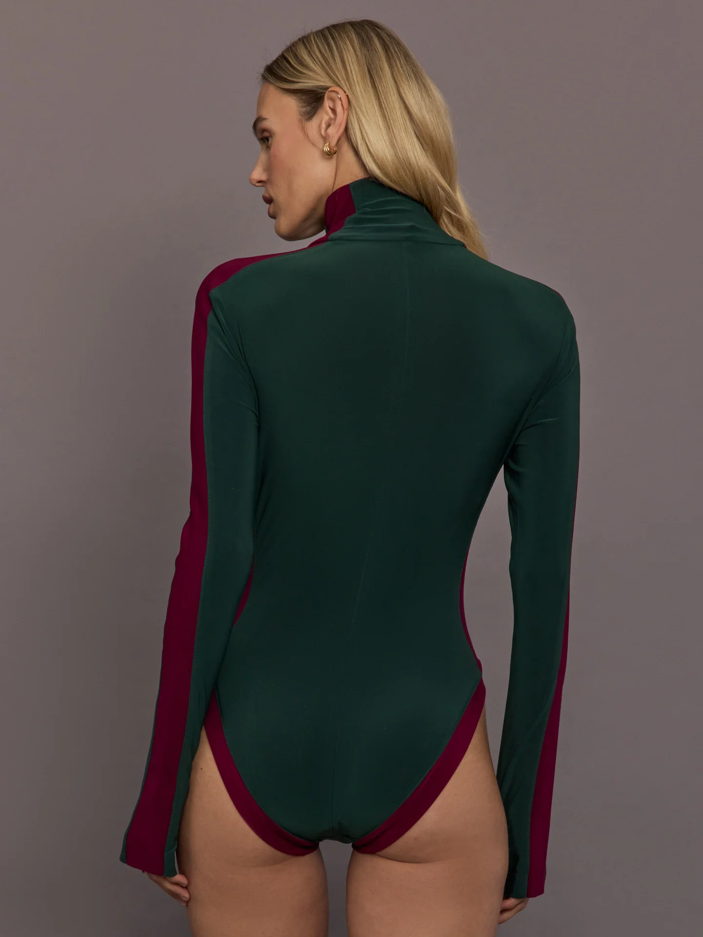 Side Stripe Zip Front Long Sleeve Turtleneck Bodysuit - Dark Emerald/Plum - Image 3