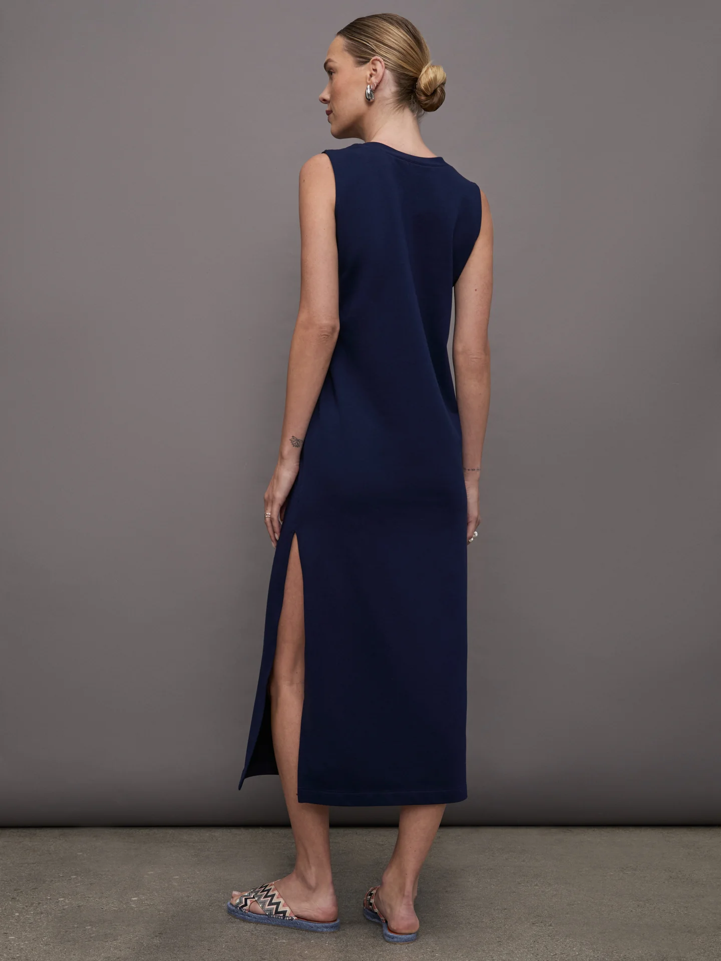 Sleeveless Tailored Terry Side Slit Gown - True Navy - Image 4