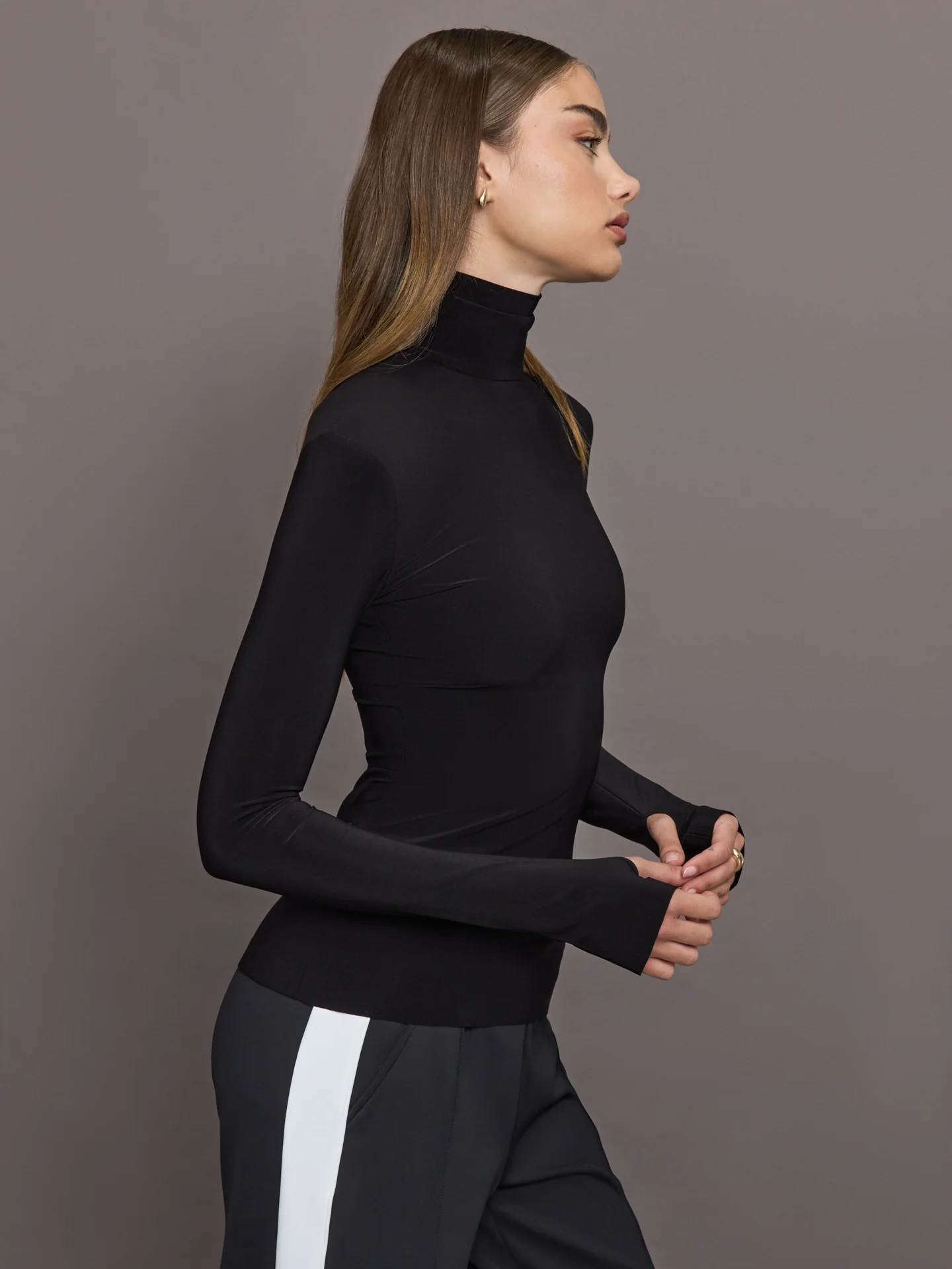 Slim Fit Long Sleeve Turtle Top - Black - Image 2
