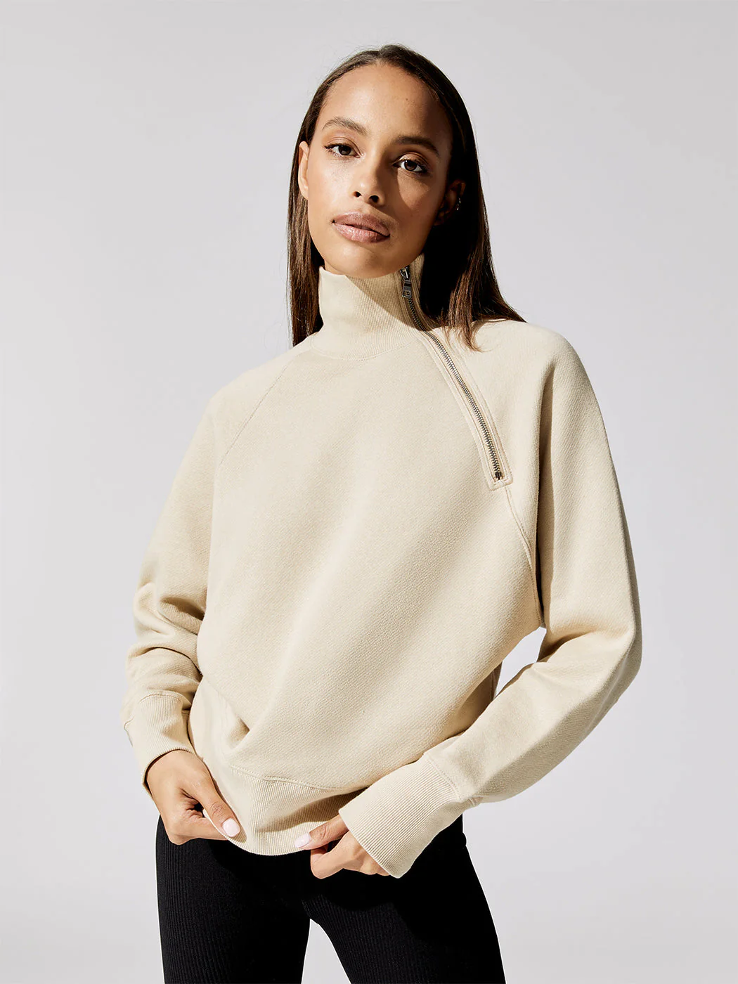 So Uptight Funnel Neck Zip Sweatshirt - Sand