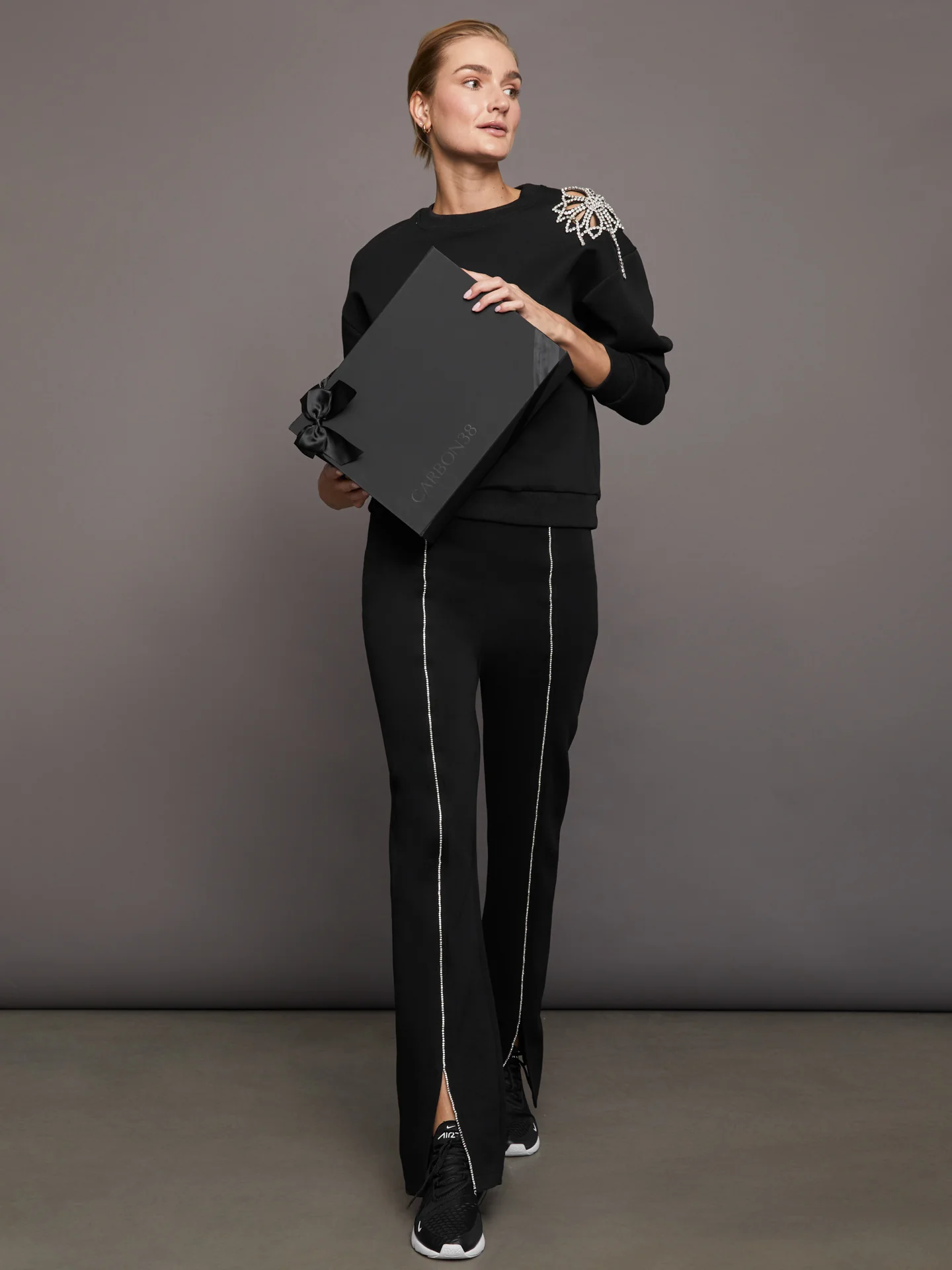 Rhinestone Front Slit Sweatpant - Black - Image 7