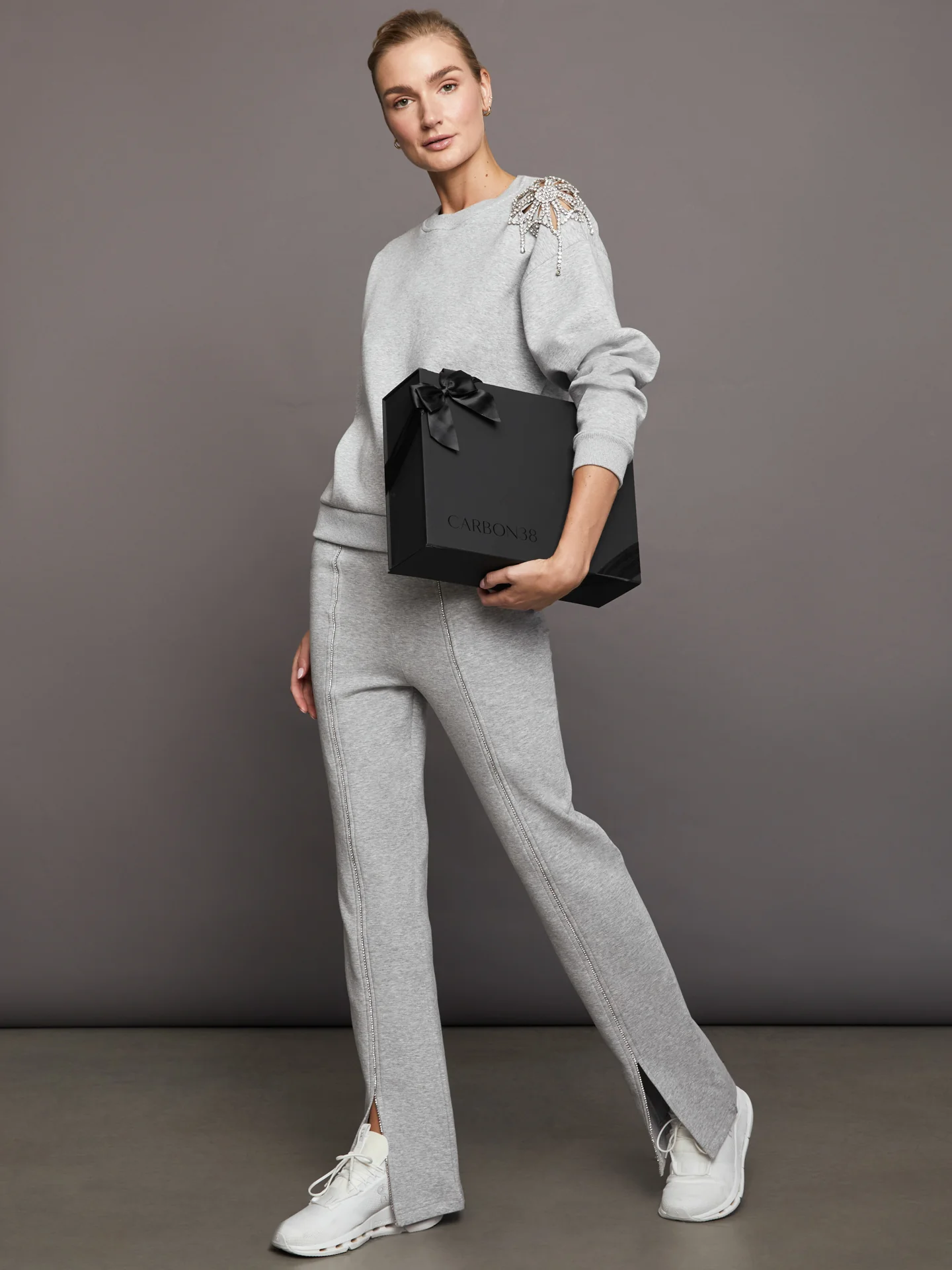 Rhinestone Front Slit Sweatpant - Heather Grey - Image 6