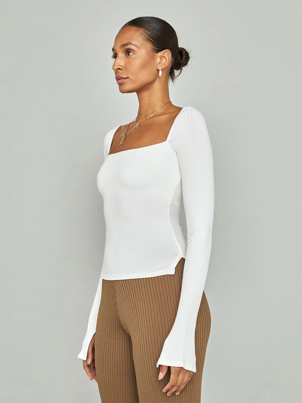 Split Sleeve Square Neck Top - White - Image 5