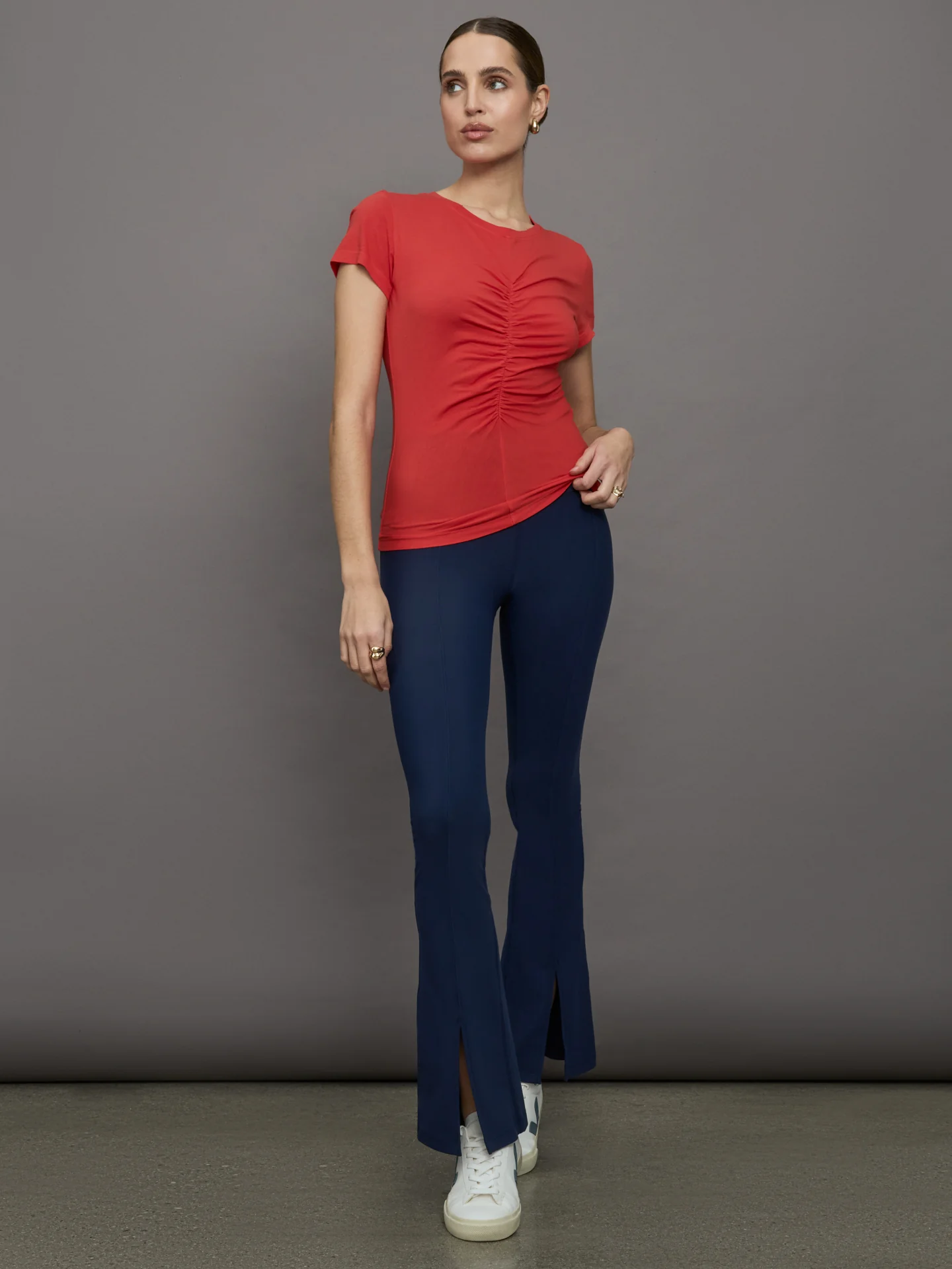 Short Sleeve Ruched Front Tee - Bittersweet - Image 2