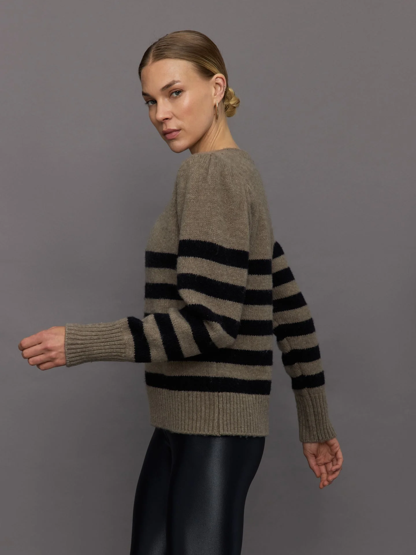 Striped Puff Sleeve Sweater - Stone/ Black - Image 4