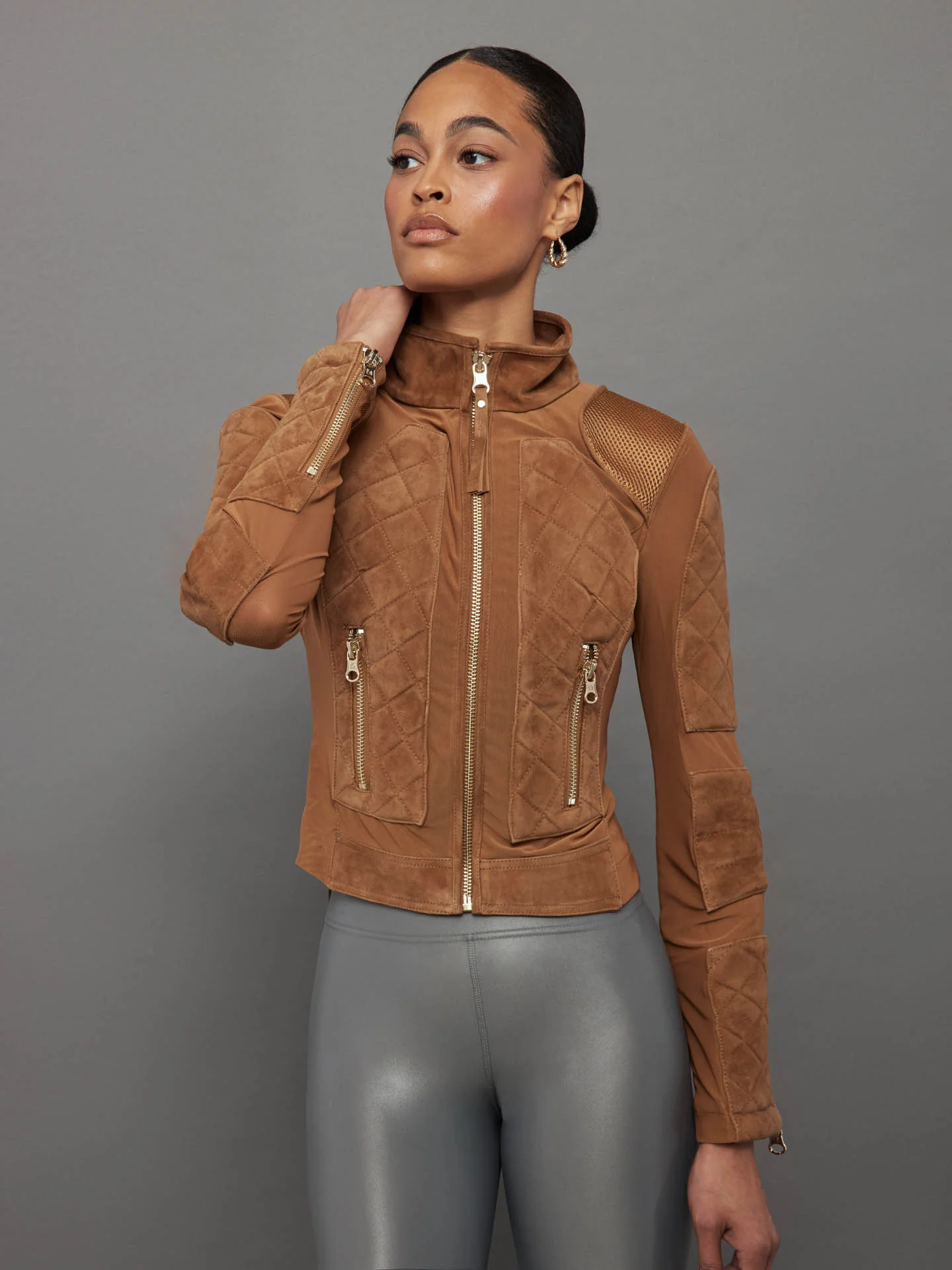 Suede Moto Mesh Jacket - Brown Sugar/ Gold
