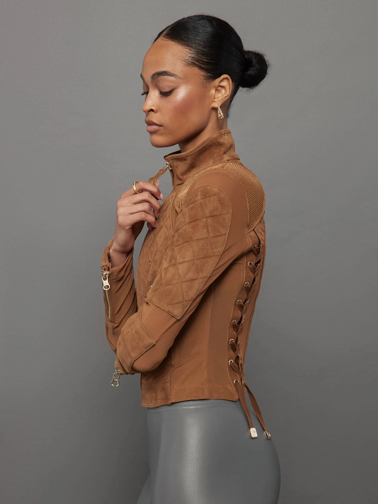 Suede Moto Mesh Jacket - Brown Sugar/ Gold - Image 2