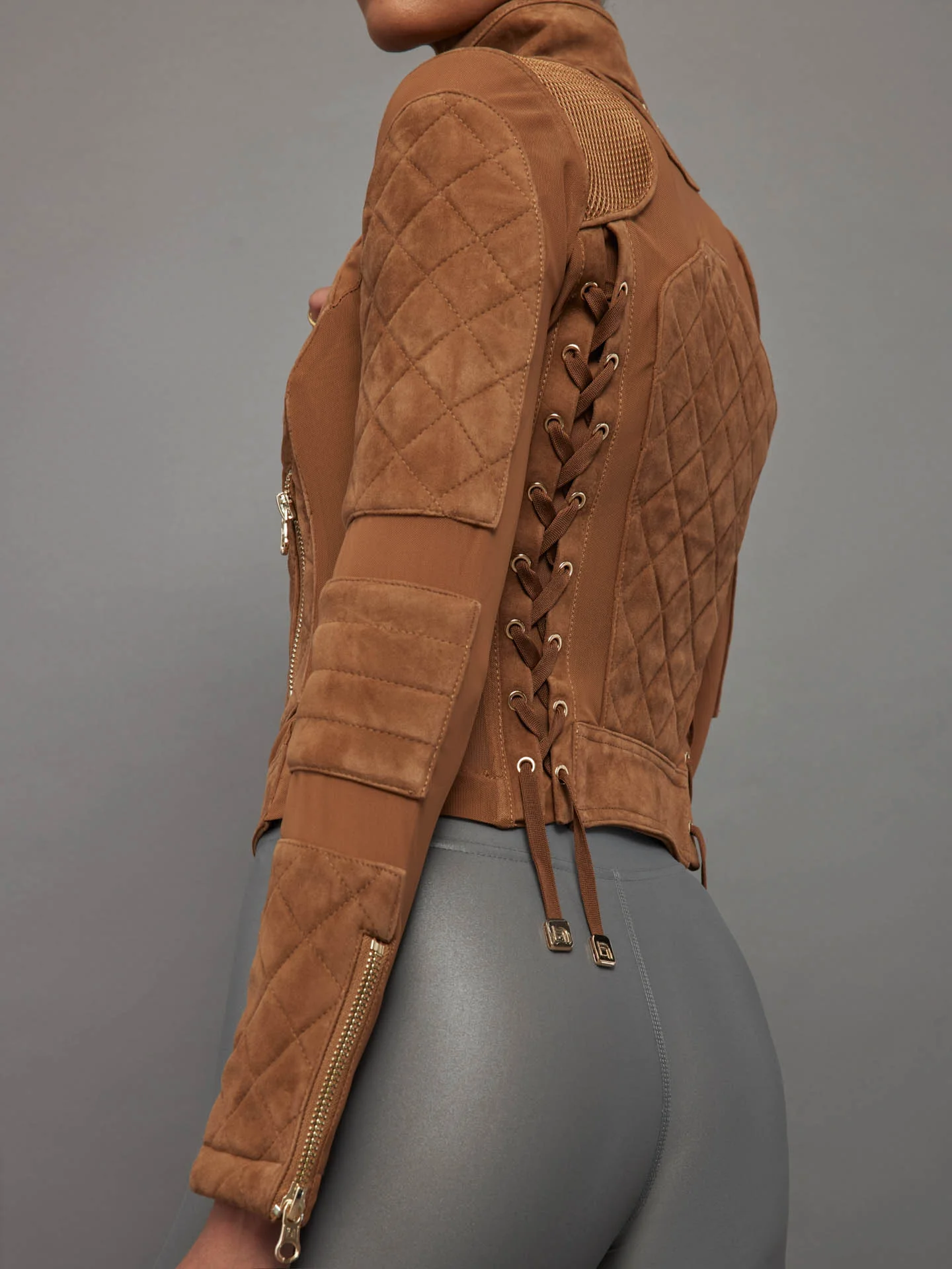 Suede Moto Mesh Jacket - Brown Sugar/ Gold - Image 4