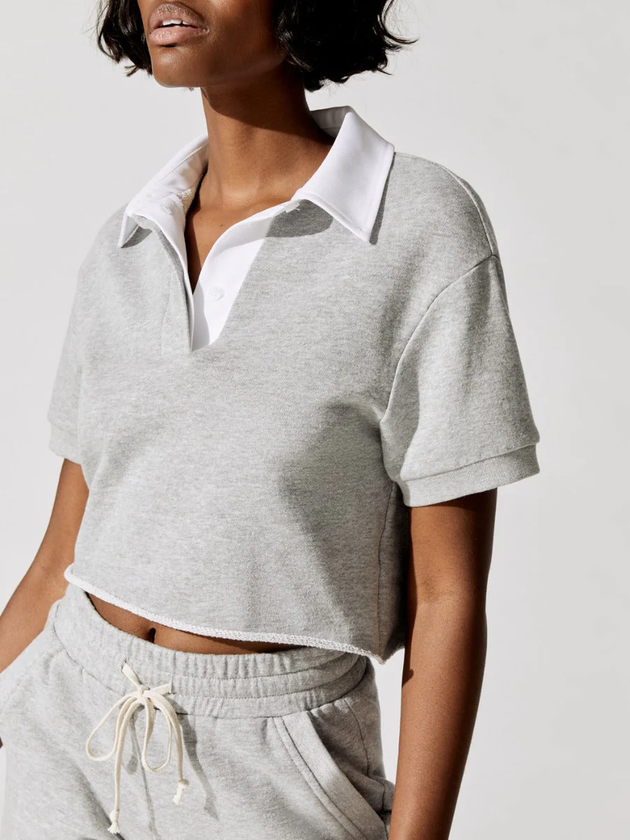 Sunnyside Crop Top With Woven Collar - Heather Grey - Image 2