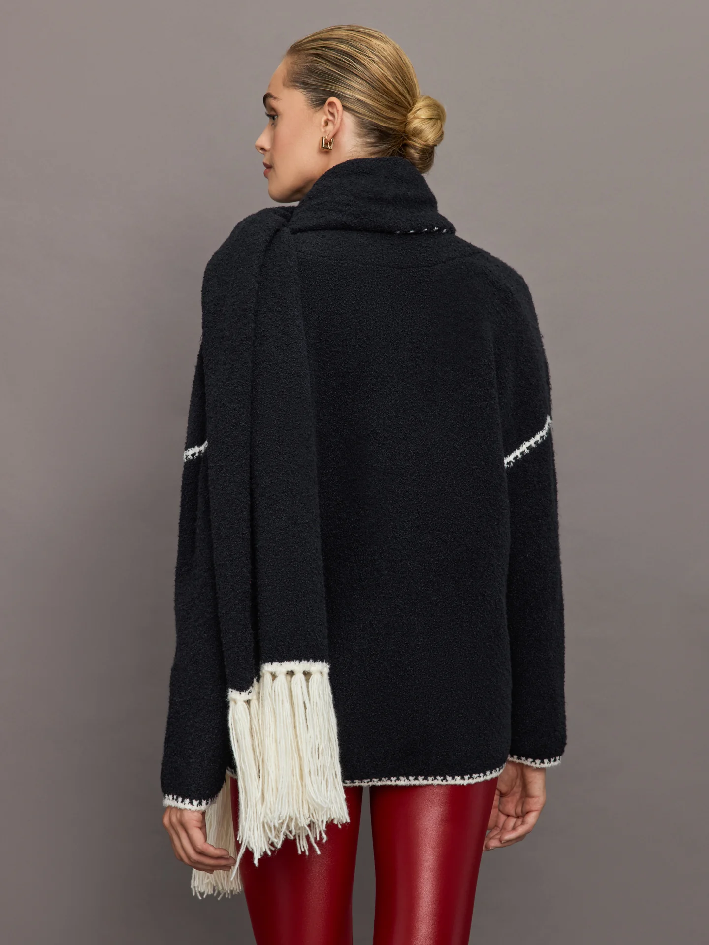 Tierney Boucle Coatigan With Scarf - Black with Sea Salt Stitch - Image 4